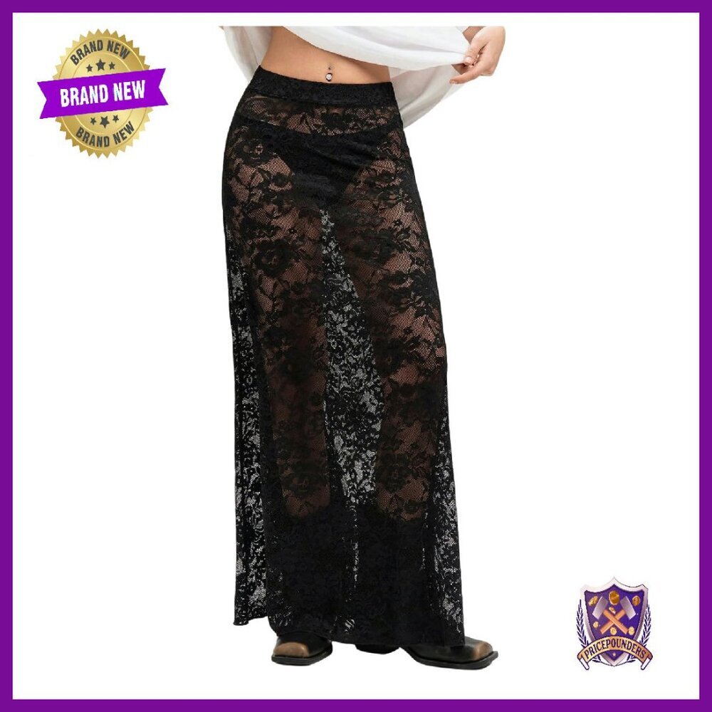 Sheer Mesh Lace Maxi Skirt Y2K See Through Flowy Long Skirt